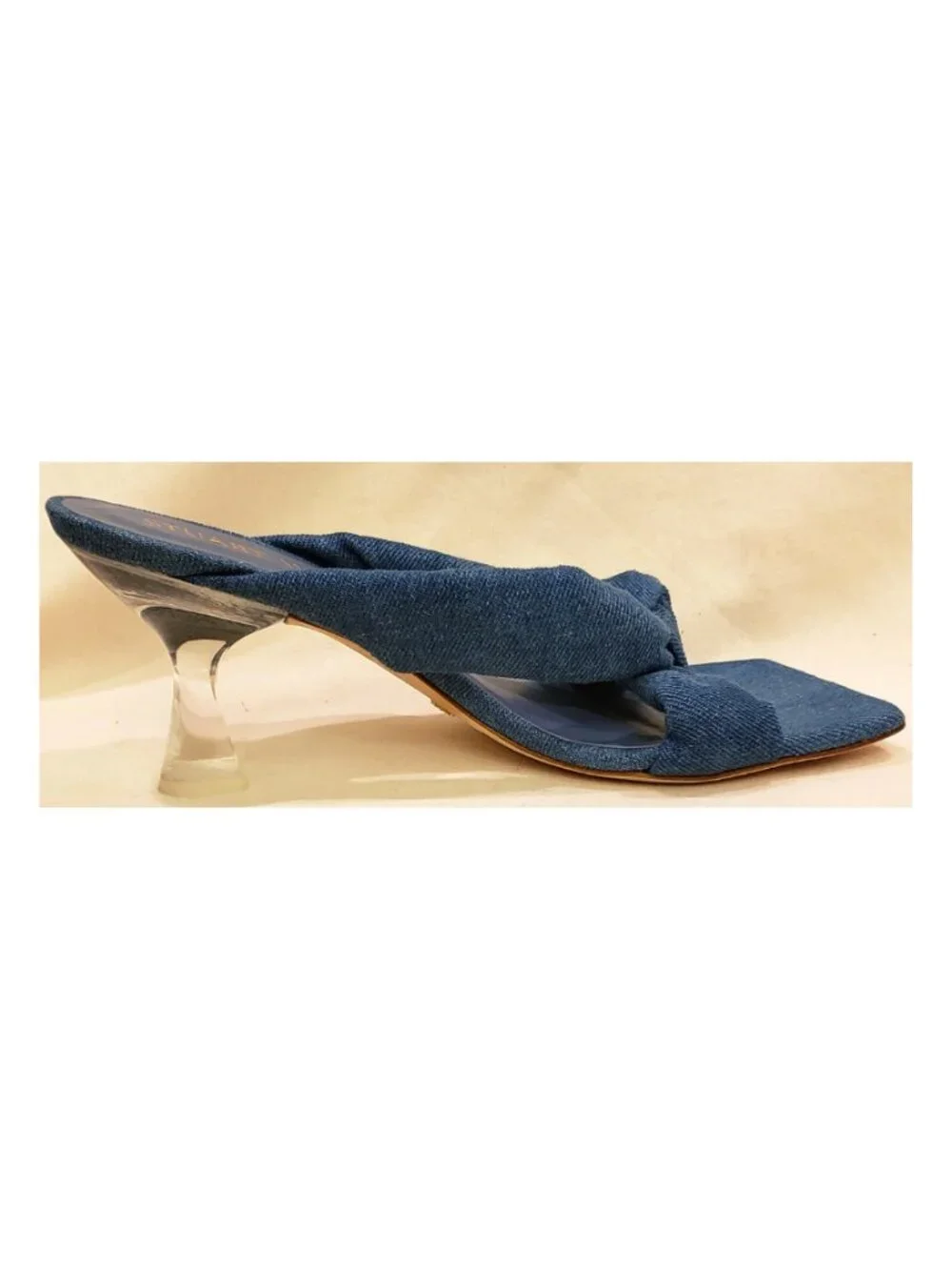 Stuart Weitzman Blue Denim Knot Mule Sandals Lucite Clear Heel Size 8.5 B